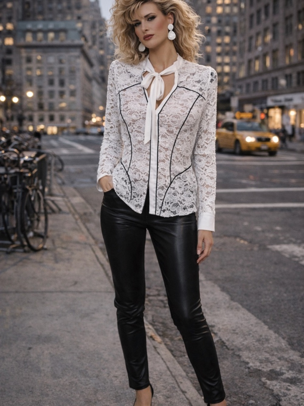 Vintage Bisou Bisou White Lace Tie-Neck Blouse with Black Piping